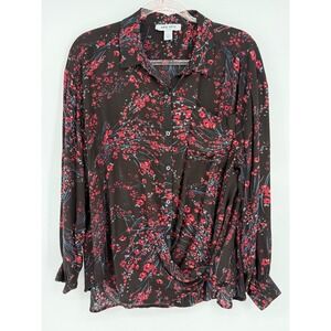 Nine‎ West Sz L Floral Button Down Long Sleeve Blouse Red Black Womens